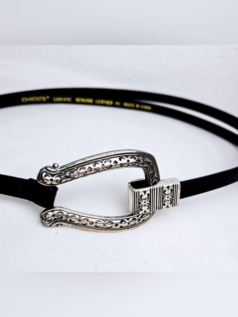 Chico's Adjustable Engraved Horseshoe Buckle Leather Skinny  Belt in Black - M/L
